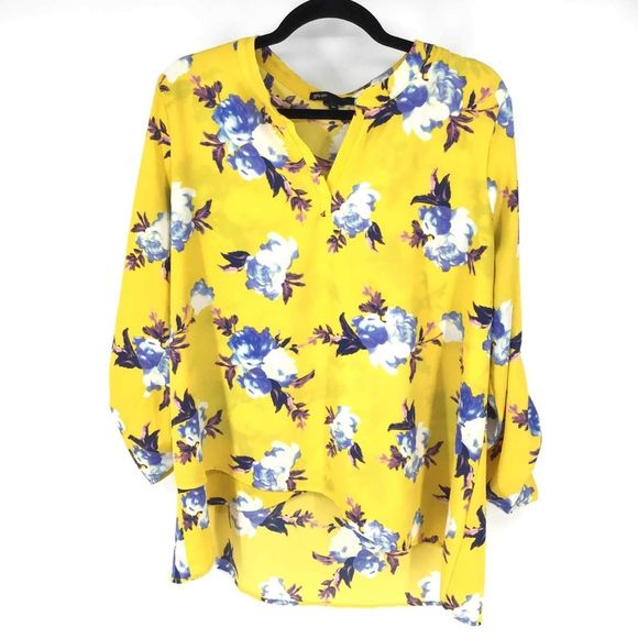 Gibson Tops - Gibson yellow long sleeve floral print top